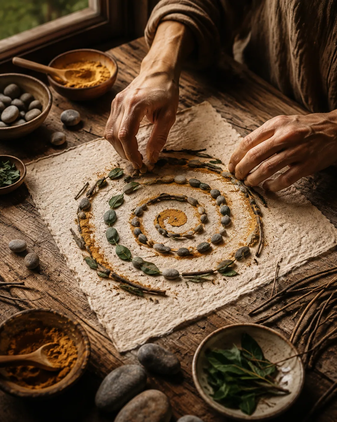 Mandala de arte efímero creado con elementos naturales