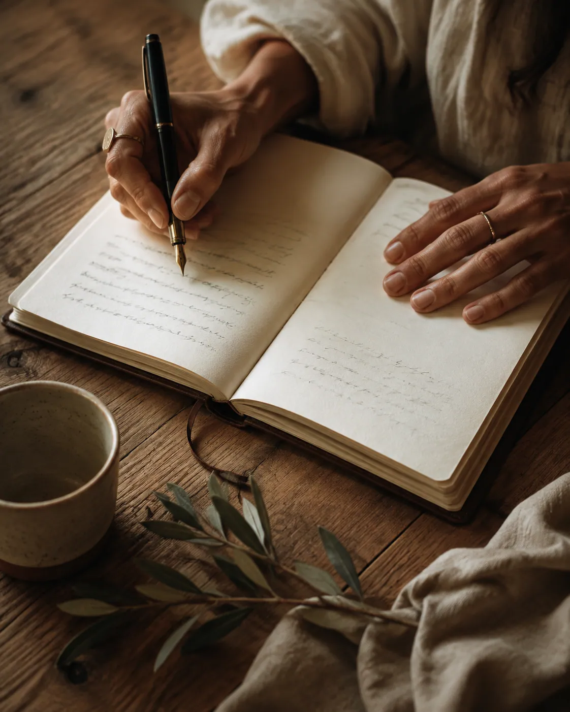 Cuaderno de escritura consciente junto a una ventana